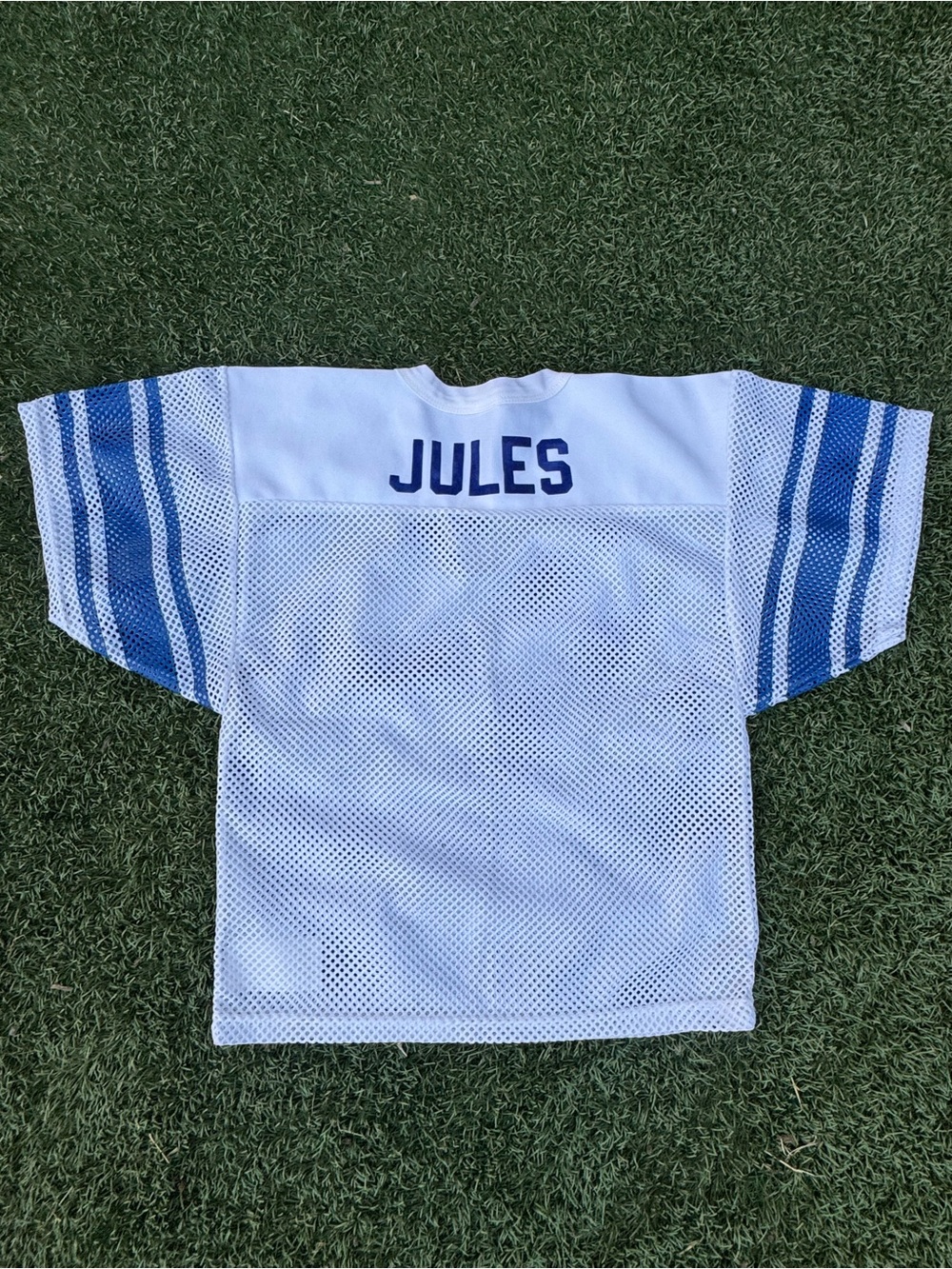Vintage “JULES” Russell Athletic White and Blue Mesh Crop Top Jersey